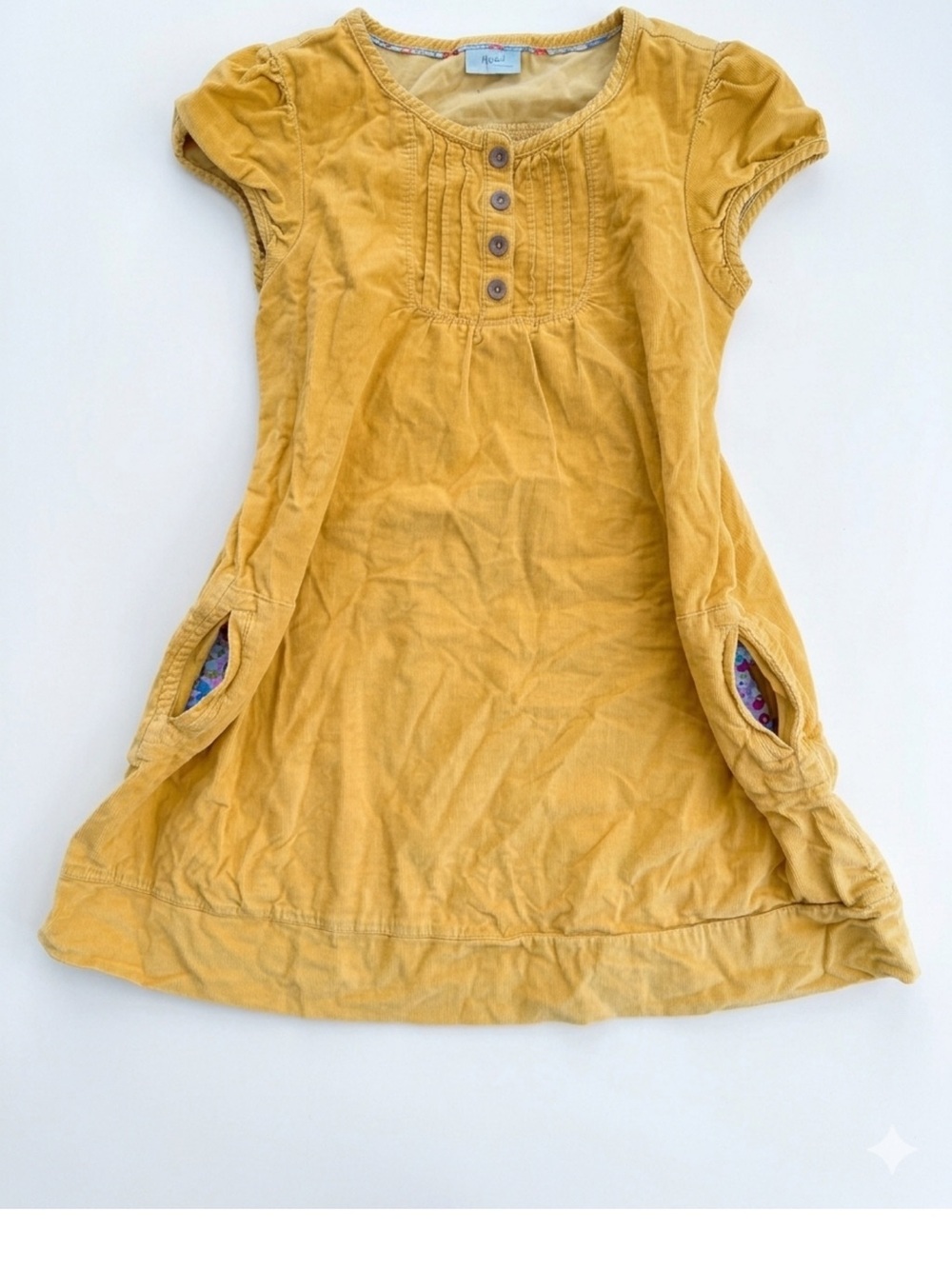 Mini Boden Girls Yellow Corduroy Dress Floral Trim Pockets Size 9-10Y